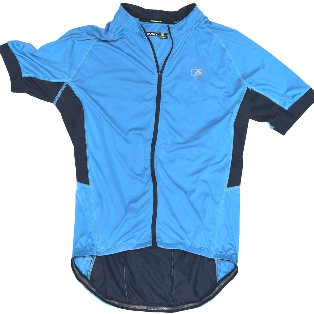 Nishiki Cycling Jersey Mens Large Blue Black Full Zip Short Sleeve Bike Shirt LG